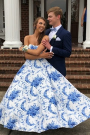 Satin A-Line Bateau Strapless Floral Long Party Prom Dress