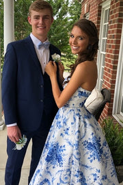 Satin A-Line Bateau Strapless Floral Long Party Prom Dress