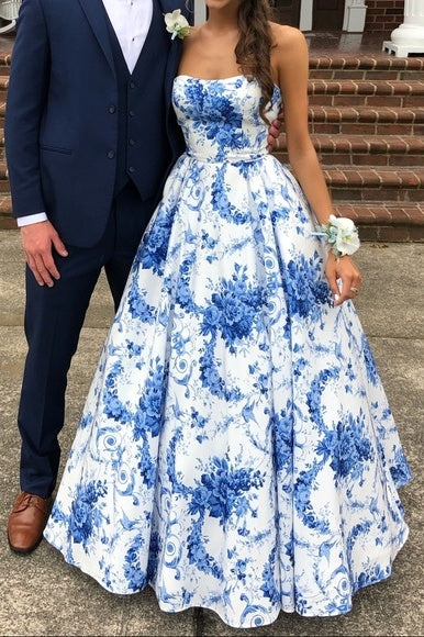 Satin A-Line Bateau Strapless Floral Long Party Prom Dress