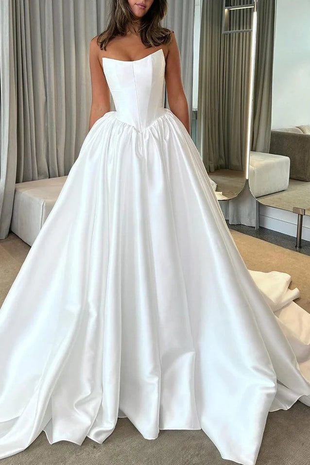 Satin A-Line Bateau Strapless With Train Wedding Dress