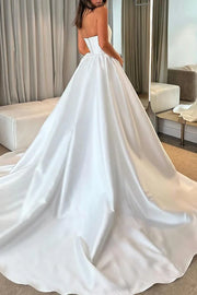 Satin A-Line Bateau Strapless With Train Wedding Dress