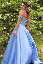 Satin A-Line Beaded Off-Shoulder Formal Prom Dress