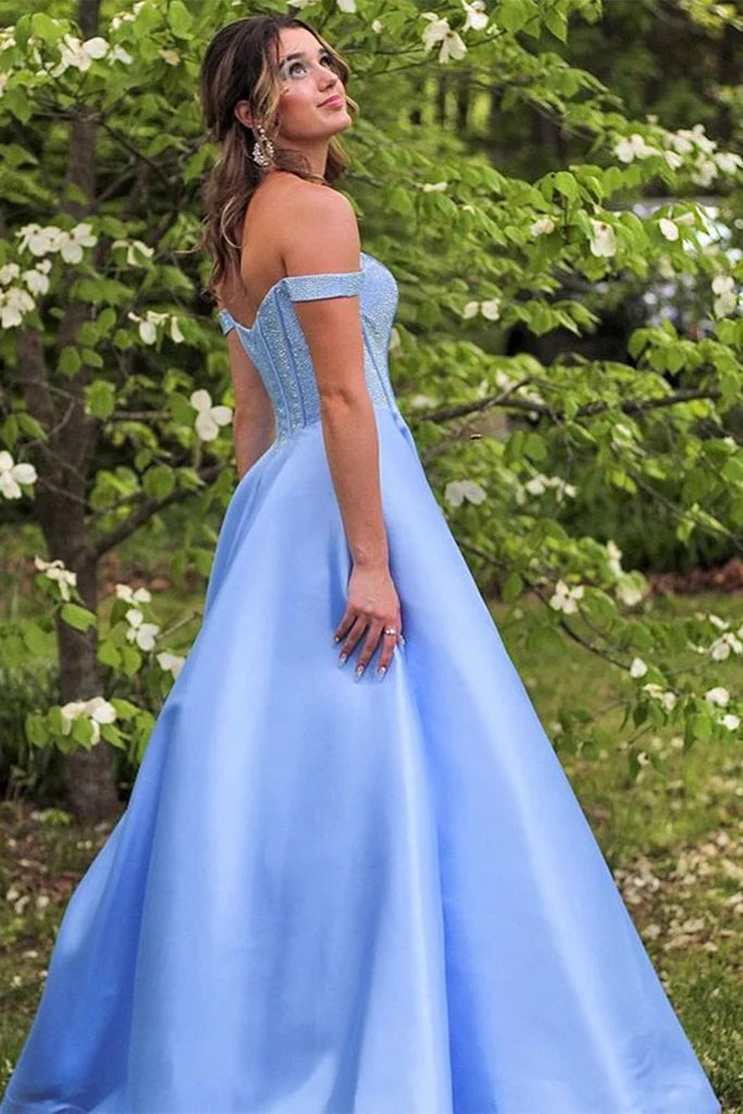 Satin A-Line Beaded Off-Shoulder Formal Prom Dress