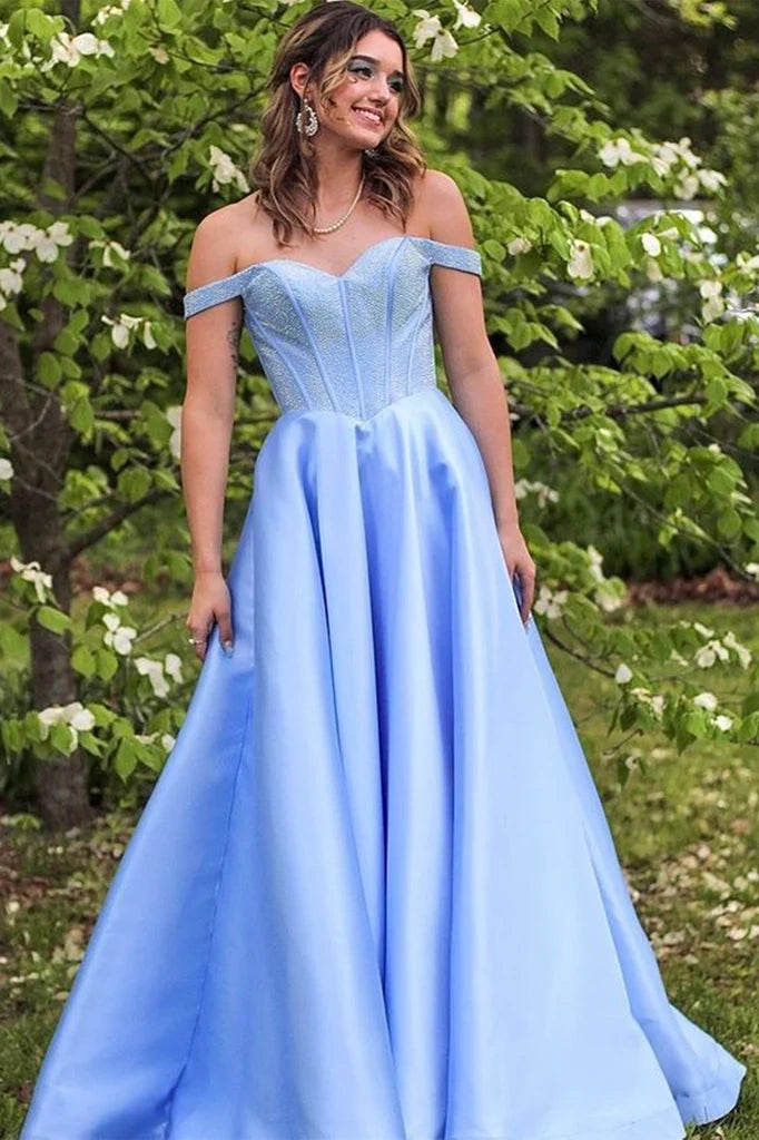 Satin A-Line Beaded Off-Shoulder Formal Prom Dress