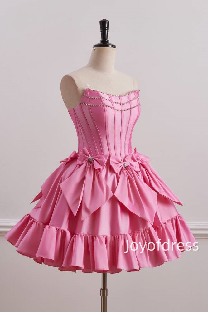 Satin A-Line Empire Beaded Strapless Homecoming Dress With Bow