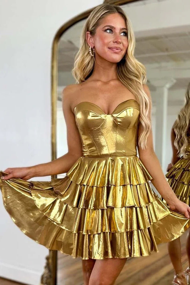 Satin A-Line Empire Strapless Tiered Short Homecoming Dress Gold / US 16 Satin A-Line Empire Strapless Tiered Short Homecoming Dress Gold / US 16