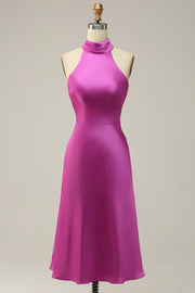 Satin A-Line High Neck Sleeveless Open Back Short Bridesmaid Dress