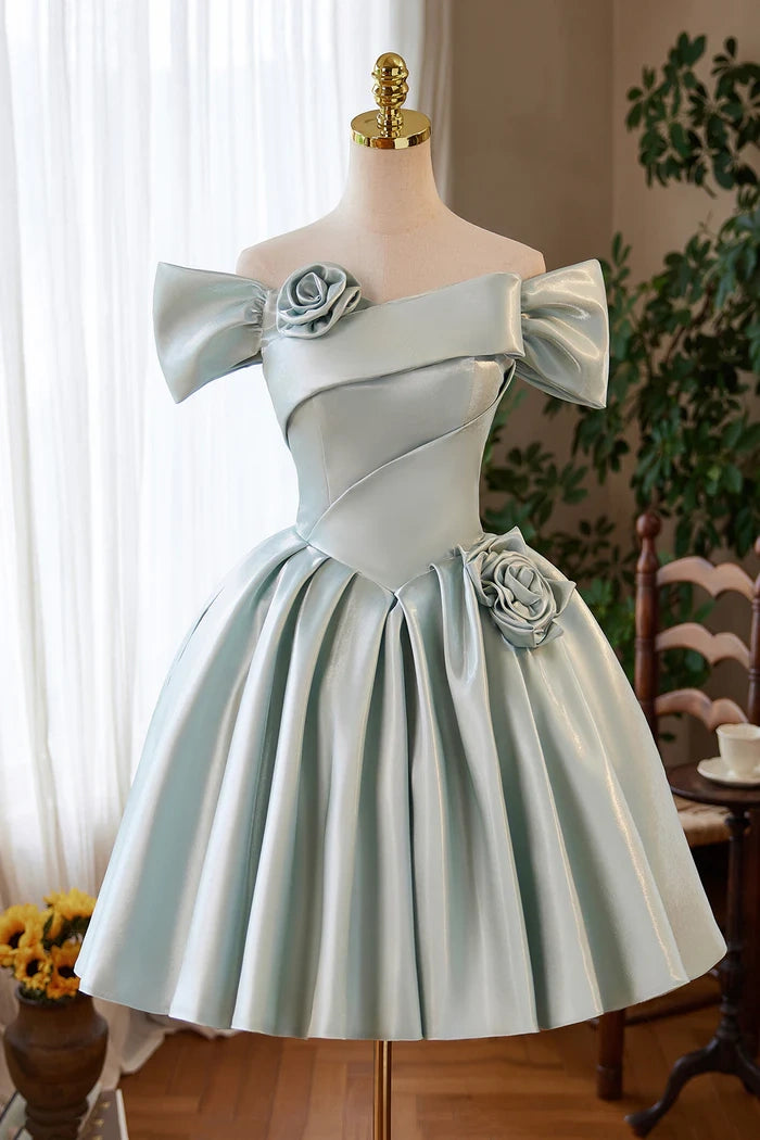 off the shoulder satin homecoming dress Satin A-Line Off-Shoulder 3D Floral Empire Homecoming Dress Picture Color / US 8