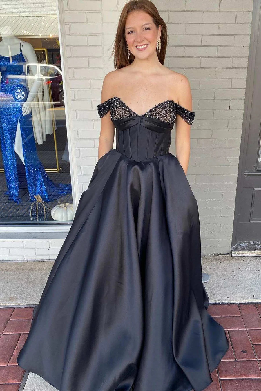 Satin A-Line Off-Shoulder Empire With Pockets Beaded Prom Dress