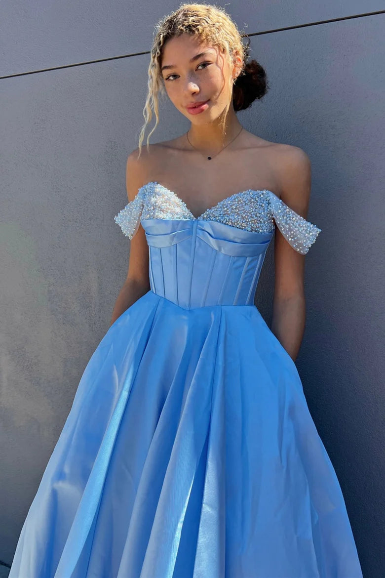 Satin A-Line Off-Shoulder Empire With Pockets Beaded Prom Dress