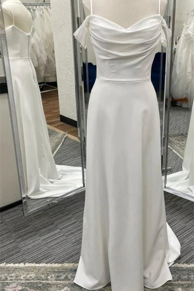 Satin A-Line Off-Shoulder Sleeveless With Train Summer Wedding Dress