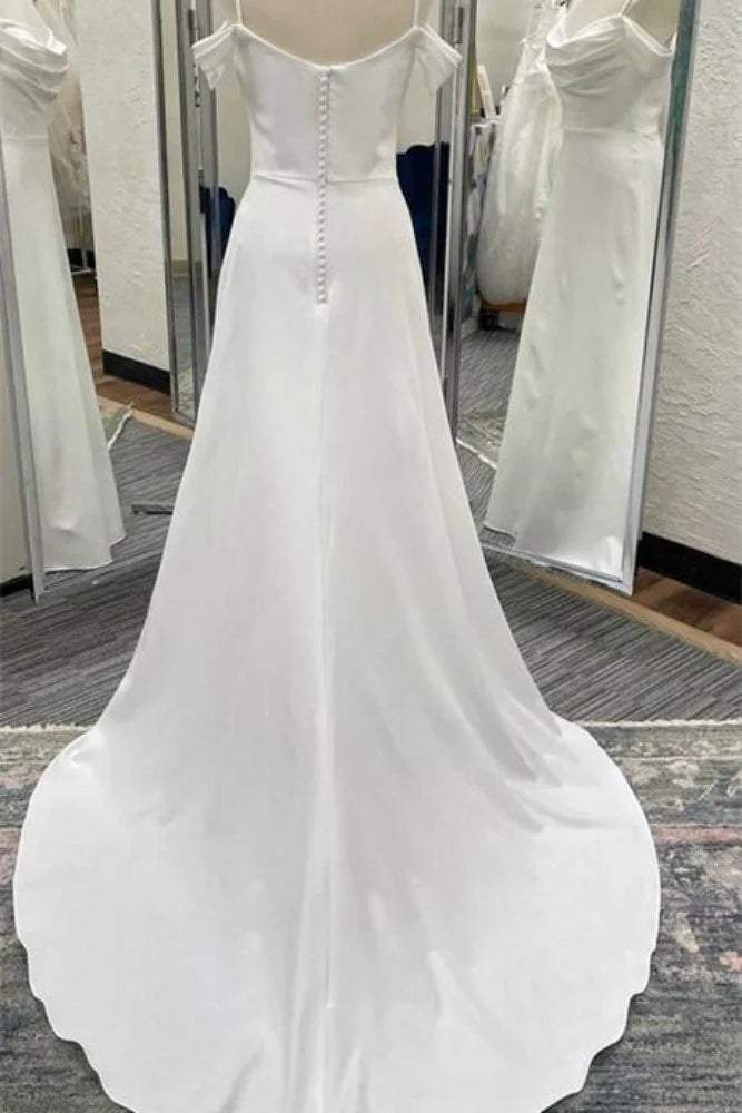 Satin A-Line Off-Shoulder Sleeveless With Train Summer Wedding Dress