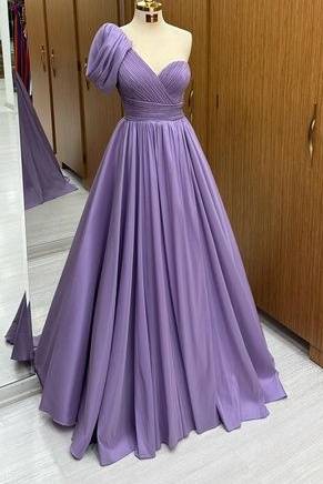 Satin A-Line One Shoulder Empire Long Party Prom Dress