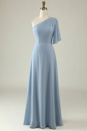 Satin A-Line One Shoulder Short Sleeve Bridesmaid Dress