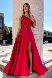 Satin A-Line One Shoulder Sleeveless Beaded With Side Slit Prom Dress