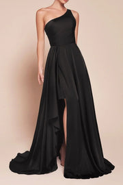 Satin A-Line One Shoulder Sleeveless With Side Slit Bridesmaid Dress