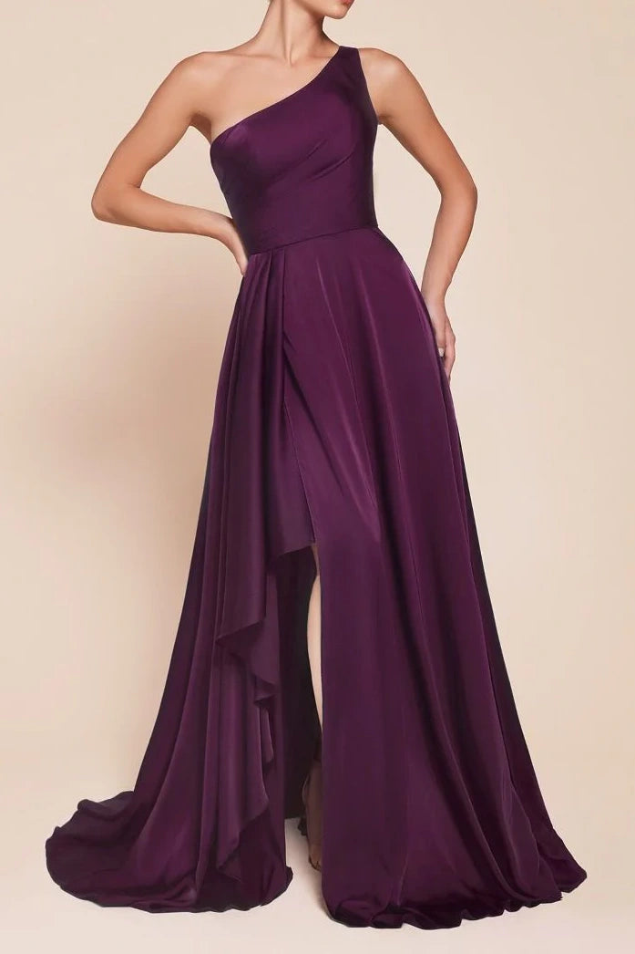 Satin A-Line One Shoulder Sleeveless With Side Slit Bridesmaid Dress