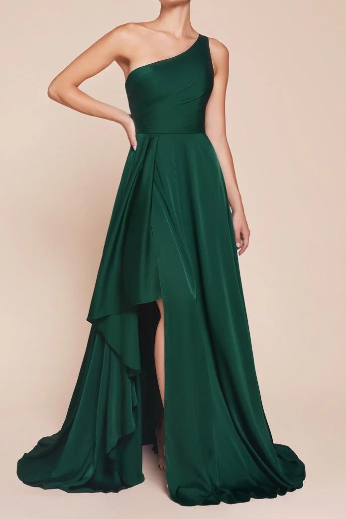 Satin A-Line One Shoulder Sleeveless With Side Slit Bridesmaid Dress