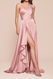 Satin A-Line One Shoulder Sleeveless With Side Slit Bridesmaid Dress