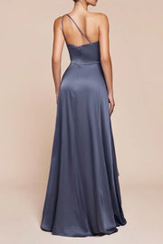 Satin A-Line One Shoulder Sleeveless With Side Slit Bridesmaid Dress