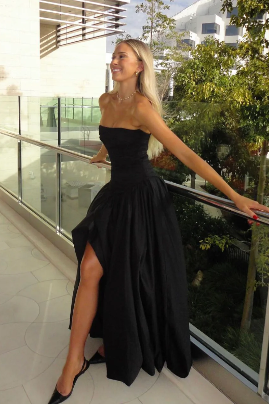 Satin A-Line Pleated Strapless Party Evening Dress With Slit
