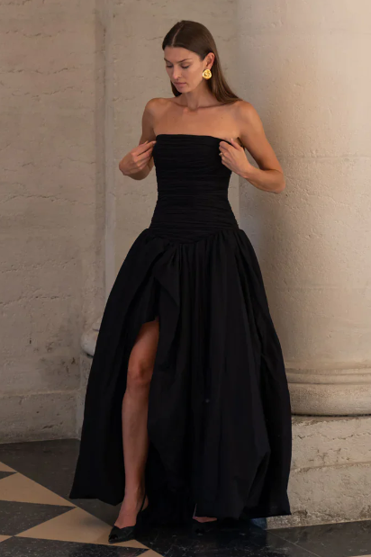 Satin A-Line Pleated Strapless Party Evening Dress With Slit