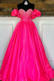 Satin A-Line Puff Sleeves Beaded Empire Formal Prom Dress