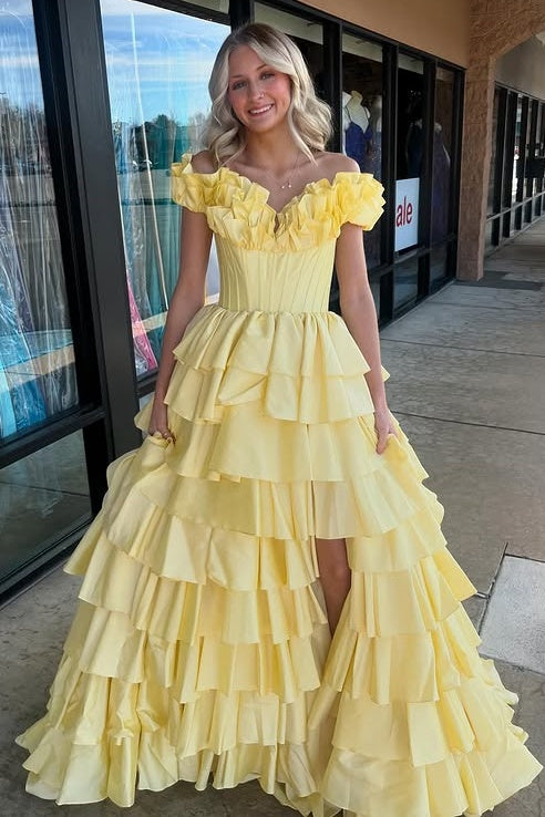 Satin A-Line Ruffled Off-Shoulder Empire Tiered Party Prom Dress