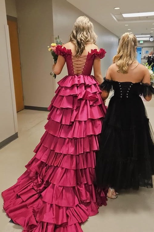 Satin A-Line Ruffled Off-Shoulder Empire Tiered Party Prom Dress