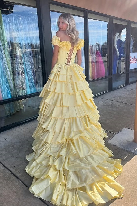 Satin A-Line Ruffled Off-Shoulder Empire Tiered Party Prom Dress