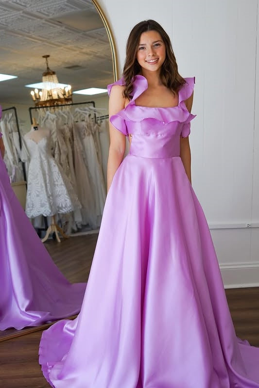 Satin A-Line Ruffled Square Sleeveless Lace Up Party Prom Dress