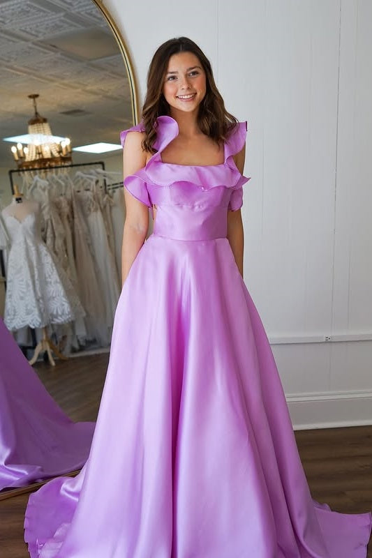 Satin A-Line Ruffled Square Sleeveless Lace Up Party Prom Dress