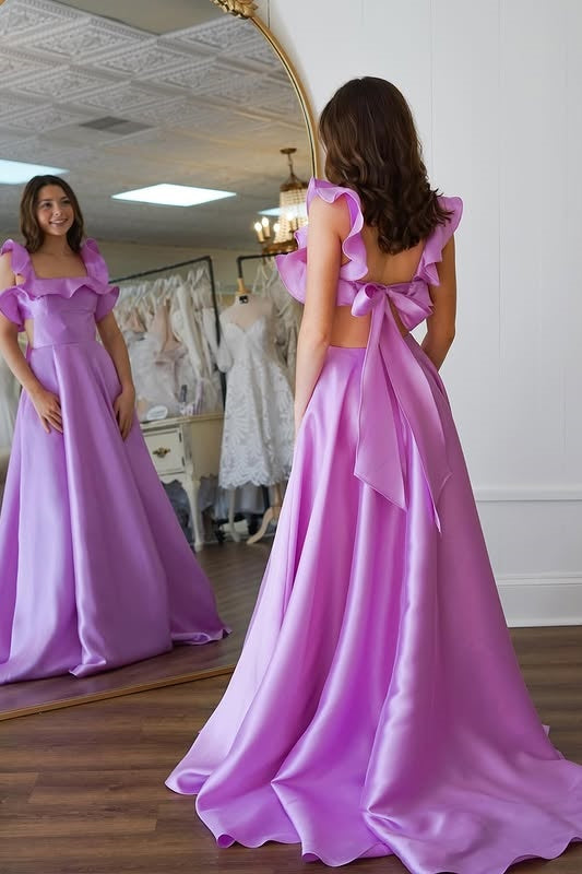 Satin A-Line Ruffled Square Sleeveless Lace Up Party Prom Dress