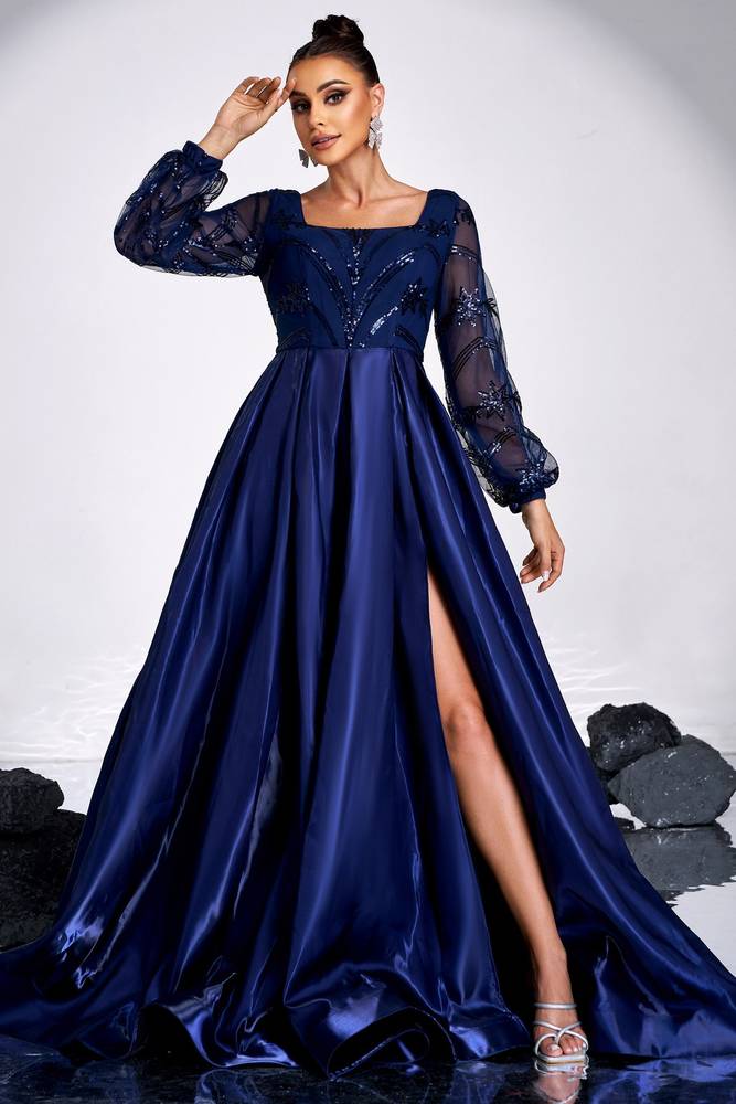 Satin A-Line Square Long Sleeves Party Evening Dress