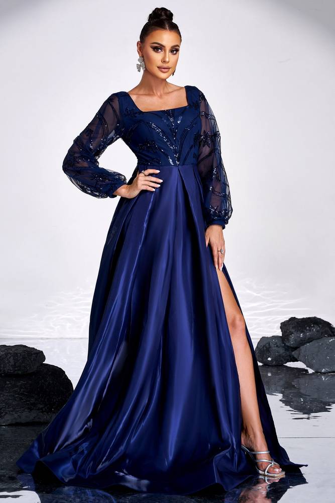 Satin A-Line Square Long Sleeves Party Evening Dress