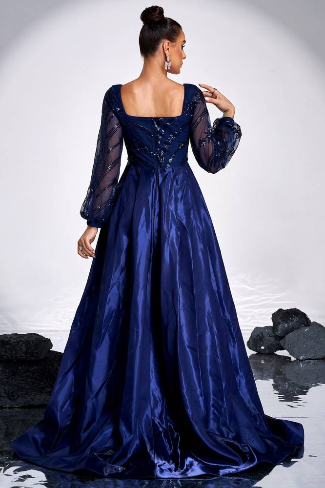 Satin A-Line Square Long Sleeves Party Evening Dress