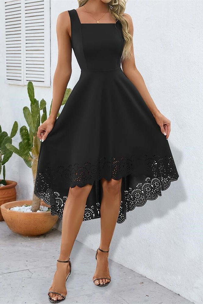 Satin A-Line Square Sleeveless High Low Party Evening Dress