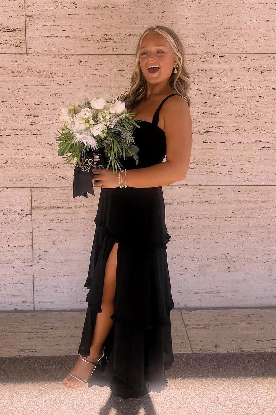 Satin A-Line Square Sleeveless Tiered Ruffled Long Party Prom Dress