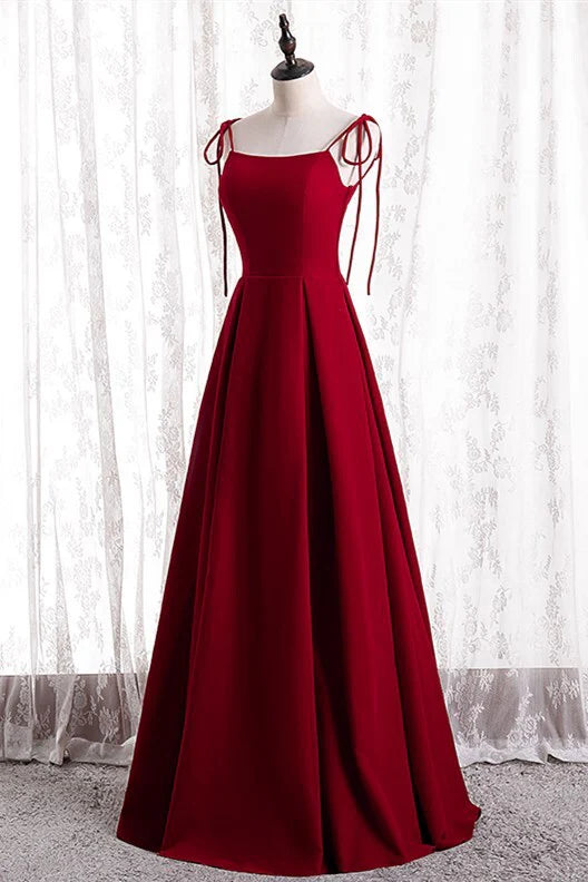 Satin A-Line Square Spaghetti Straps Red Bridesmaid Dress