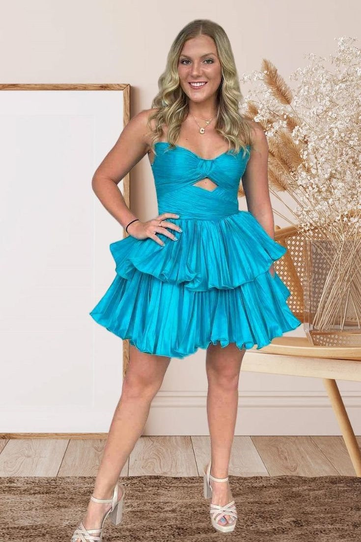 Blue Pleated A-line Short Dress with Keyhole, Blue / 2 Blue Pleated A-line Short Dress with Keyhole, Blue / 2