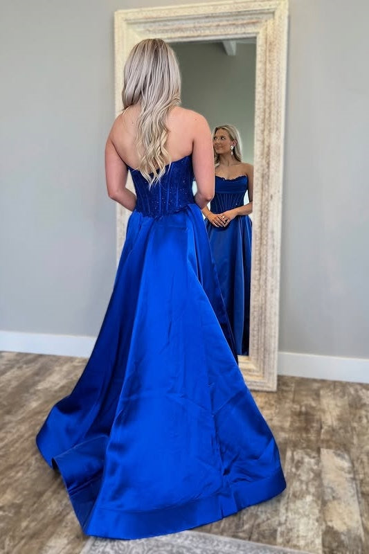 Satin A-Line Strapless Empire Long Party Prom Dress