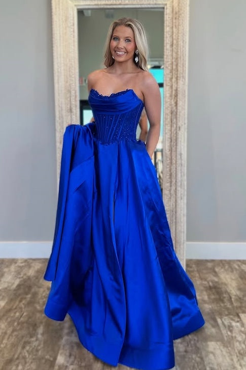 Satin A-Line Strapless Empire Long Party Prom Dress