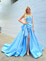 Satin A-Line Strapless Empire With Side Slit Prom Dress