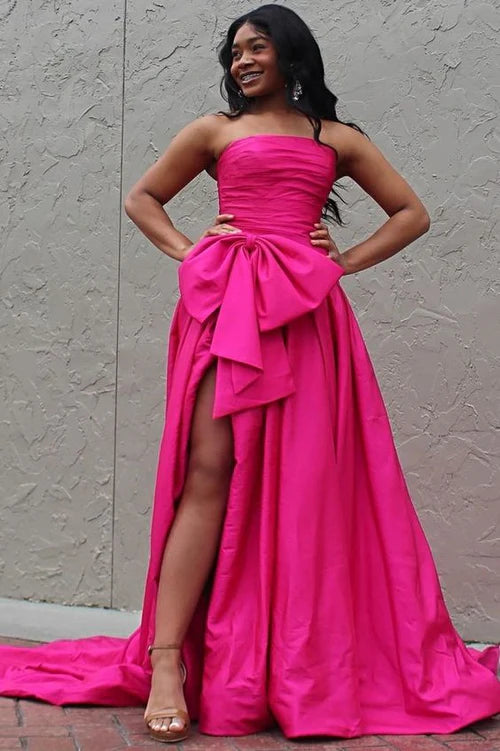 Satin A-Line Strapless Empire With Side Slit Prom Dress