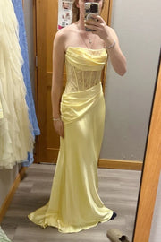Satin A-Line Strapless Lace Top Party Prom Dress With Leg Slit