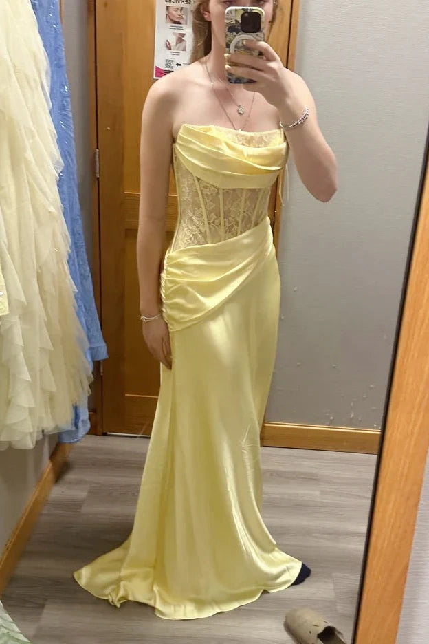 Satin A-Line Strapless Lace Top Party Prom Dress With Leg Slit