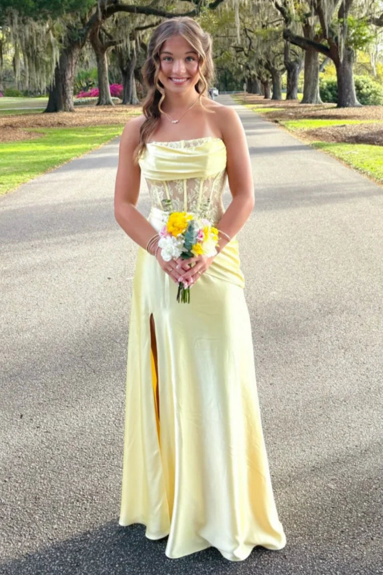 Satin A-Line Strapless Lace Top Party Prom Dress With Leg Slit