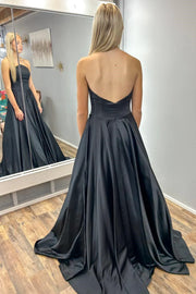 Satin A-Line Strapless Open Back With Train Party Prom Dress