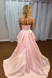 Satin A-Line Strapless Party Prom Dress With Train And Pocktes