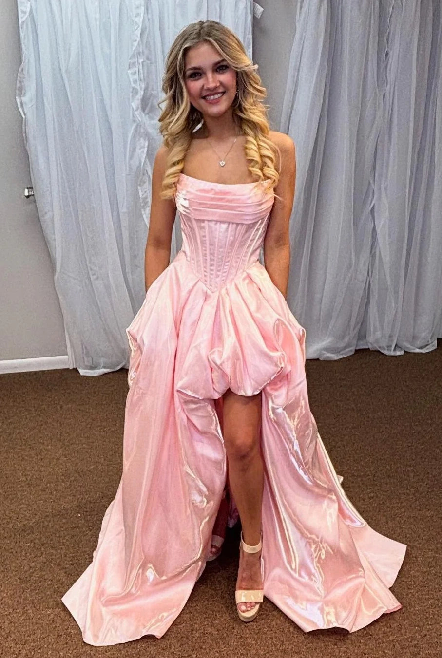 Satin A-Line Strapless Party Prom Dress With Train And Pocktes